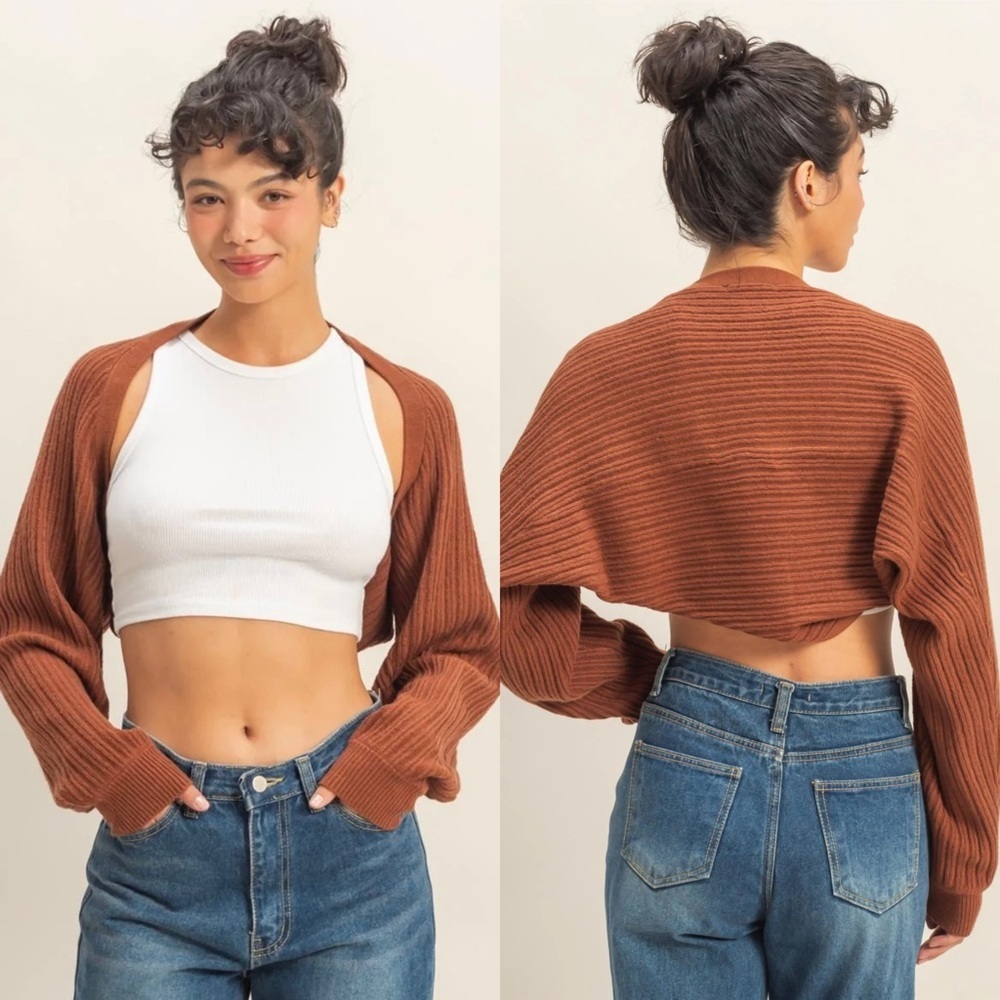 NEW Double Zero Chestnut Brown Ribbed Knit Cropped Bolero Cardigan Size Small